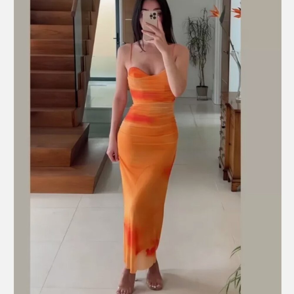 Zara orange tulle midi dress with build in bra cups